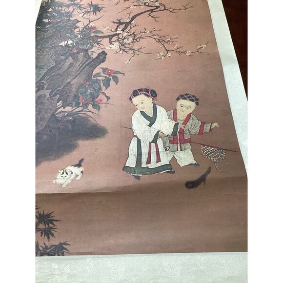 Children At Play On A Winter’s Day - Ink/Color On Silk - Scroll Painting -74x26” - Picture 3 of 12